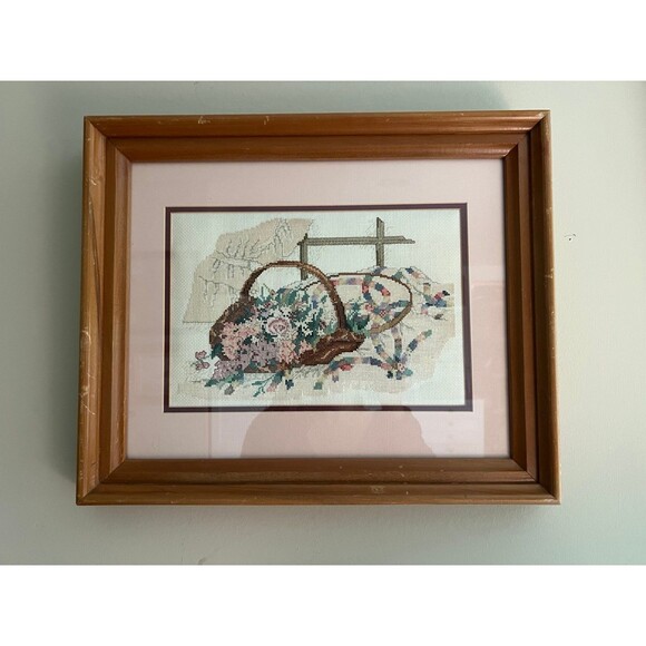 1990s Vintage Paula Vaughn Cross Stitch Pattern Framed Spring Flower Art Piece - Picture 1 of 5
